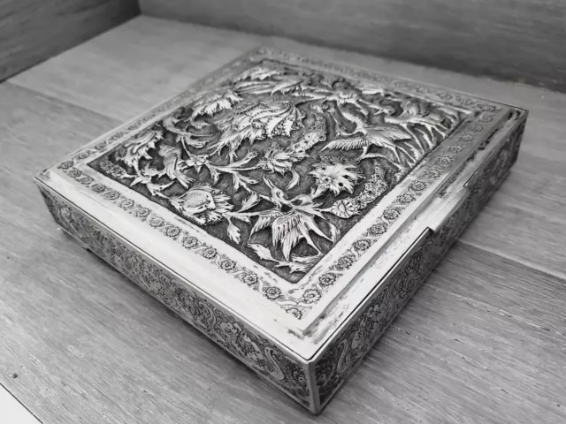 Large Original Middle Eastern 84 Silver Box 3D Birds & Flowers
