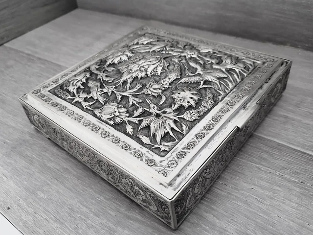 Large Original Middle Eastern 84 Silver Box 3D Birds & Flowers
