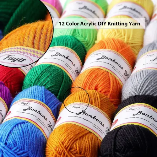 Fuyit Double Knitting Yarn 12x50g 100% Acrylic with 2 Crochet 12 Colours UK