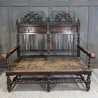 Elaborately Carved Oak Antique Large Bench Seat with Barley Twist Supports 2