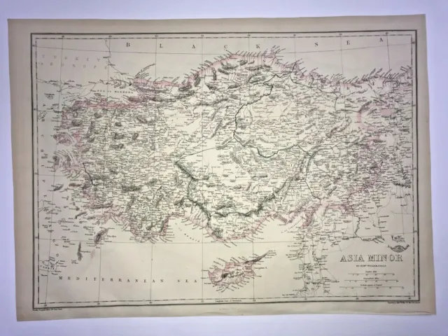 ASIA MINOR TURKEY CYPRUS 1863 by ED WELLER LARGE ANTIQUE MAP 19TH CENTURY