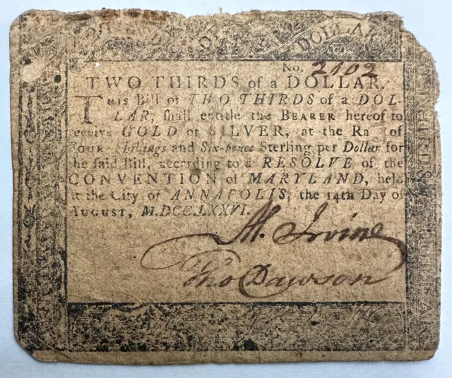 Maryland Colonial Note - August 14th, 1776 - $2/3 - MD-95