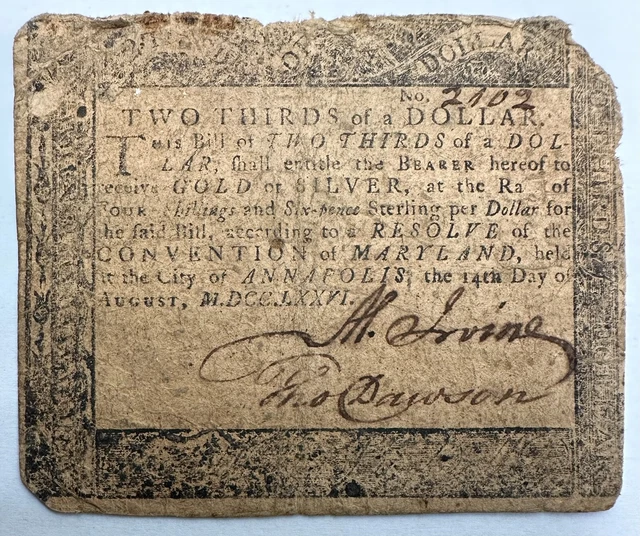 Maryland Colonial Note - August 14th, 1776 - $2/3 - MD-95
