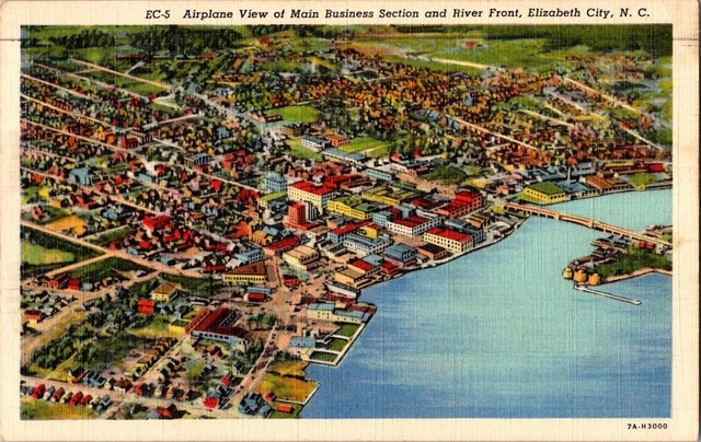 postcard Airplane View Of Main Business Section And River Front Elizabeth NC A17