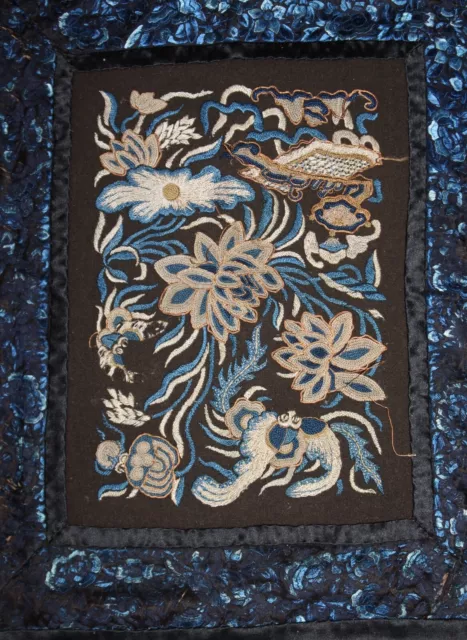 Estate Old Chinese Blue Fine Silk Forbidden Stitch Floral Panel  - AS FOUND 2