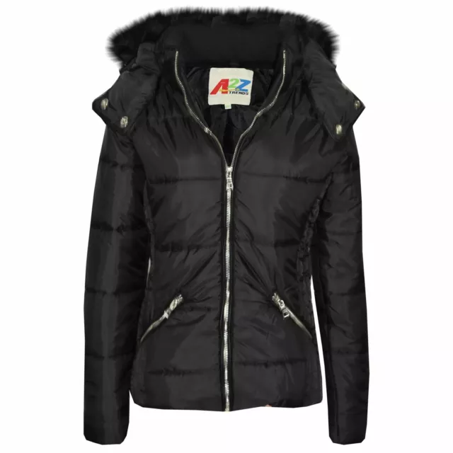 Kids Quilted Black Puffer Coat Faux Fur Collar Hood Jacket For Girls