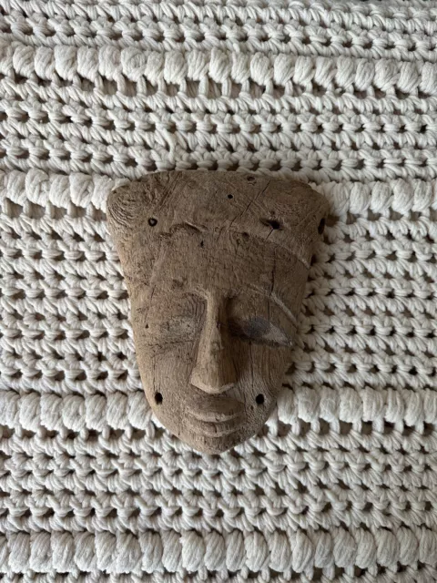 Ancient Egyptian Carved Wood Painted Mummy Mask 9”