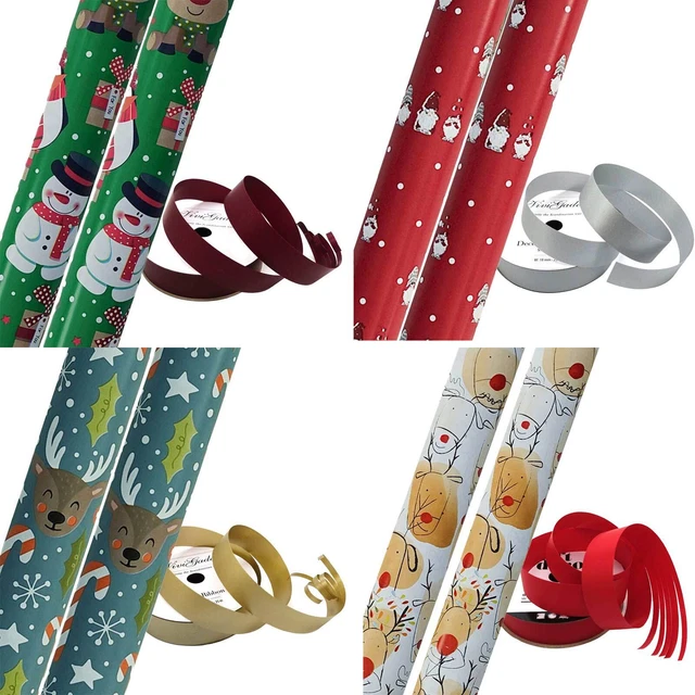 Weihnachts-Set 2 x 5m premium Geschenkpapier + 25m Geschenkband Kräuselband