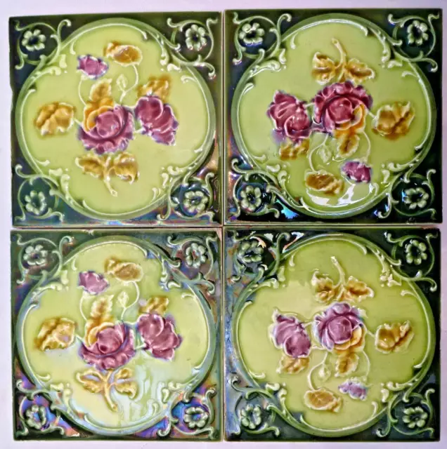 Tile Majolica Vintage England Art Nouveau Porcelain Rose Purple 4 Pieces Set#10