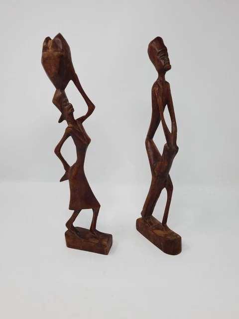 Vintage Pair Of Hand Carved African Statues 12" atall Wood Brown