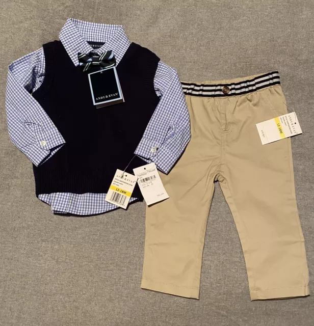 Andy & Evan Boys 12-18 Month Navy Sweater Vest 4 Piece Dressy Set, BNWT $58