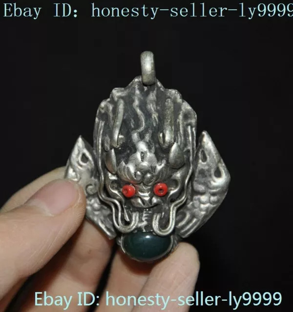 1.8" Old Chinese Tibetan silver inlay Gem dragon head statue Amulet pendant