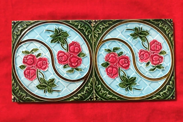 2 Piece Art Deco Flower Design Embossed Majolica Used Ceramic Tiles Japan 0312