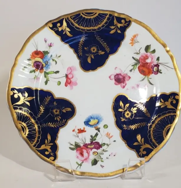 c.1820 Coalport Hand Painted 7.5 inch Plate Floral Cobalt w Gilt Fans Florals