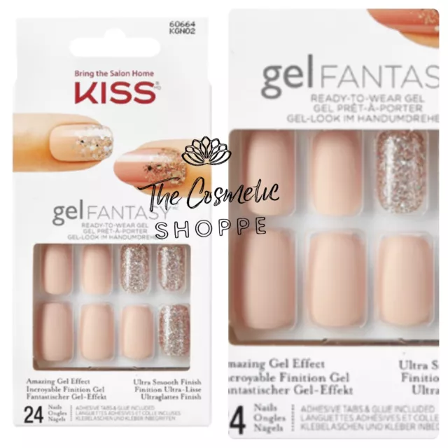 Kiss Gel Fantasy Glue On Matte Beige Medium Length Nails w/ Glitters x1 New