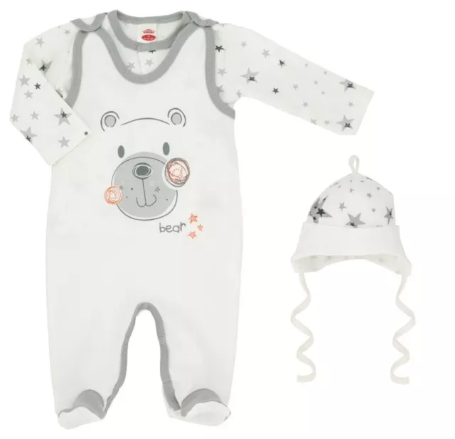 NEU Baby Jungen Mädchen Set 3-teilig Strampler Shirt + Mütze Gr. 56 62 68