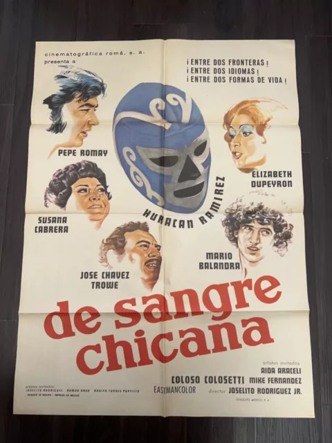 Vintage 1974 De Sangre Chicana Mexican Lucha Libre One Sheet Movie Poster