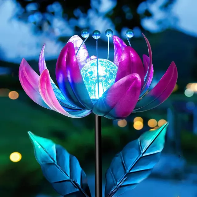 Solar Purple Metal Flower Wind Spinners, Colorful Spinning Windmill Lotus Yard