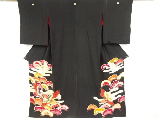 04909# Japanese Kimono / Antique Tomesode / Kinsha / Embroidery / Cranes & P
