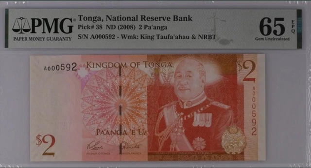 Tonga 2 Pa'anga 2008 P.#38 PMF 65 Prefix A 000592 GEM UNC EPQ RARE