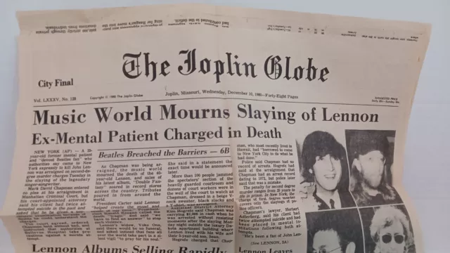 John Lennon Death 4 Newspaper Articles December 1980 Beatles Joplin MO Globe