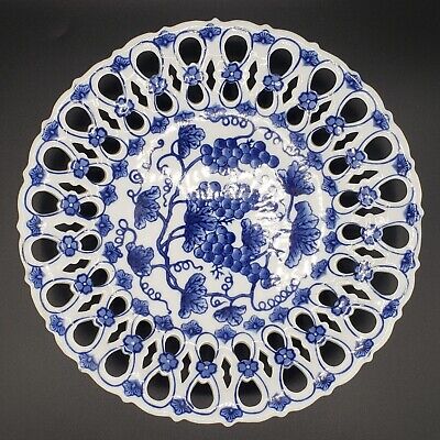 Old blue and white Chinese Porcelain Centerpiece Plate, grapes, cut-outs, footed
