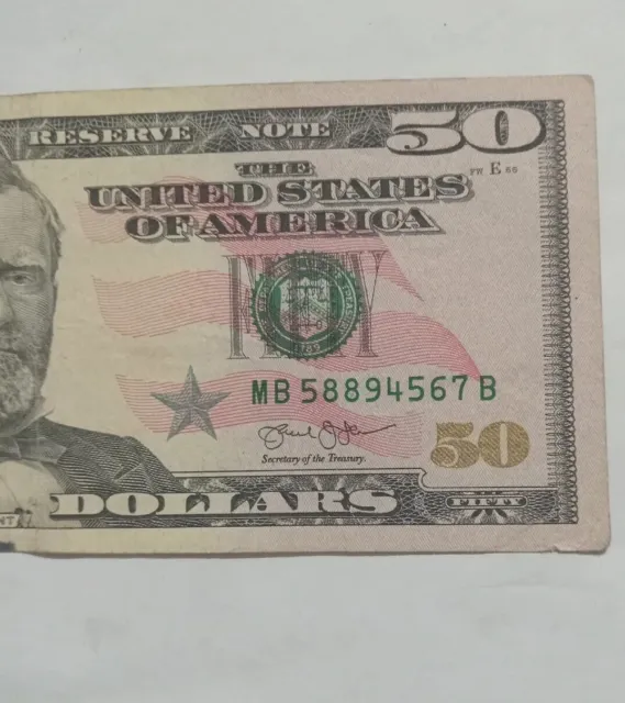 50 Dollar Bill Fancy Serial Number (58894567) Broken Ladder US Currency