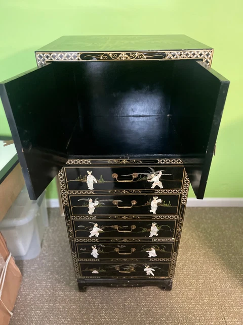 52" Black Lacquer Oriental Lingerie Cabinet Hand Painted, Carved Mother Of Pearl