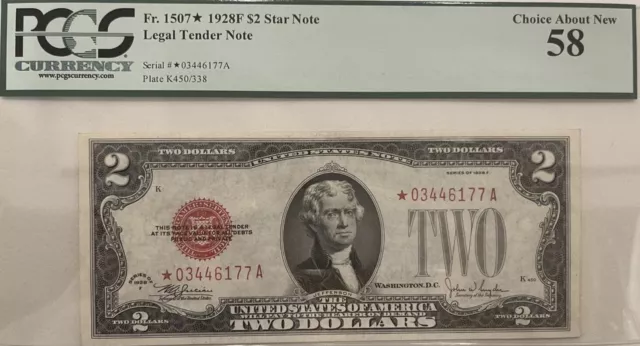 1928F $2 Legal Tender Red Seal Star Note FR.1507* PCGS 58 Choice About New. Rare