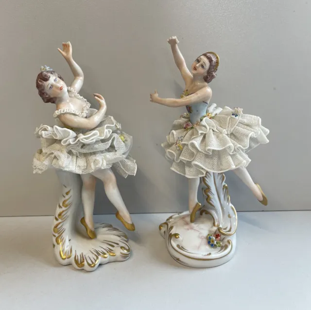 Coppia Ballerina Capodimonte Figura Statuina Ceramica Porcellana Pizzo Donna Old