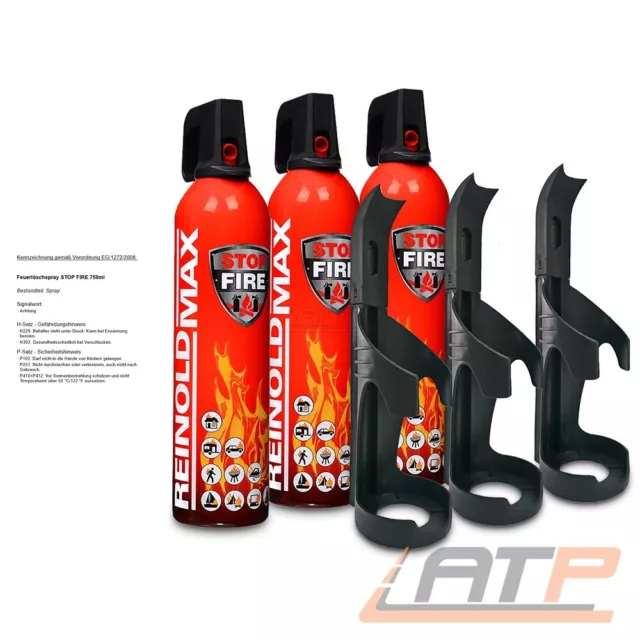 3x 750ml REINOLDMAX STOP FIRE UNIVERSAL FEUERLÖSCHSPRAY AUTO KFZ + 3x WANDHALTER