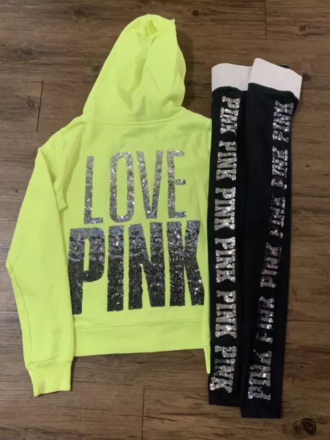 Victoria's Secret pink Neon Crossover Hoodie / Bling Yoga Leggings Outfit S