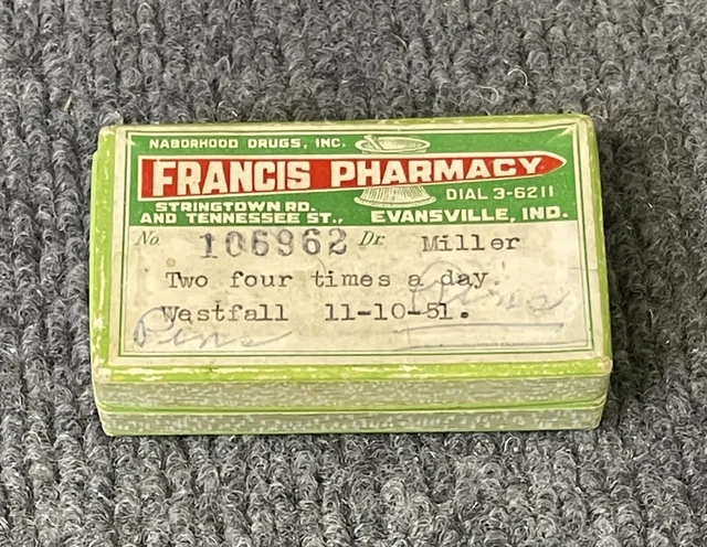 Vintage 1951 Drug Store Pharmacy Prescription Pill Box Francis Evansville IN Vintage 1951 Drug Store Pharmacy Prescription Pill Box Francis Evansville IN