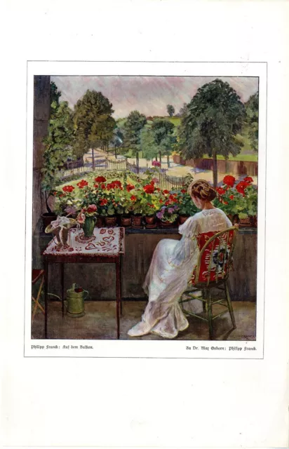 Auf dem Balkon der deutsche Maler Philipp Franck Histor. Farb- Kunstdruck v.1907