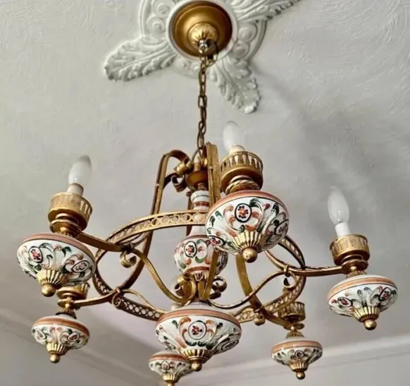 Beautiful Italian brass chandelier Handpainted Porcelain HEAVY Capodimonte? 2
