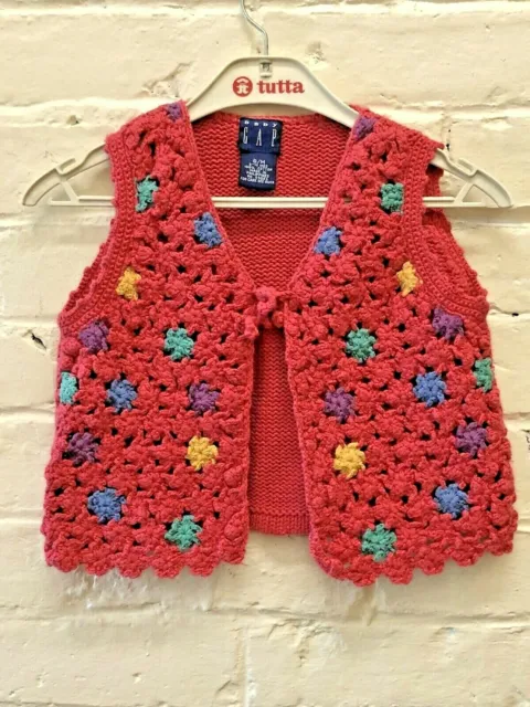 Vtg Boho Hippie Infant Vest Red crochet Gap Cotton
