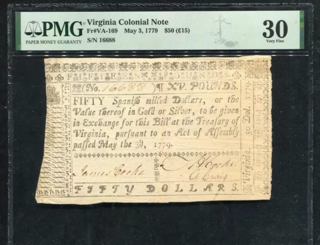 Va-169 May 3, 1779 $50 Fifty Dollars Virginia Colonial Currency Note Pmg Vf-30