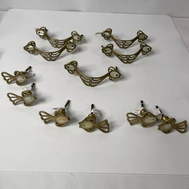 Set Of  Mother Of Pearl Inlaid Brass Fish Knob Handle Door Drawer Pull Hardware