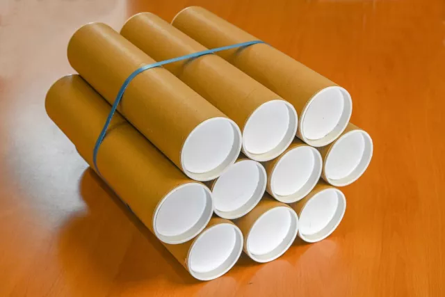10 Cardboard Postal Tubes+Plastic End Caps Strong  A3 330mm x 76mm  13" x 3"