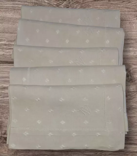 Serviettes de table X5 Brodé damassé de PUR fil de lin, XIXème Motif Losanges