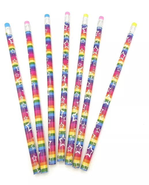 48x Bleistifte Regenbogen Sterne mit farbigem Radiergummi Schule Geburtstag Büro