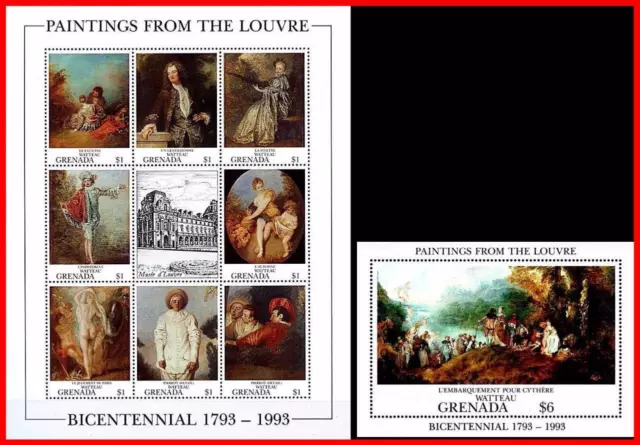 Louvre Museum = Grenada 1993 Mnh  ** Watteau Paintings S/S + M/S Nude, Costumes