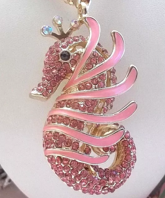 Betsey Johnson Beautiful Pink Crystal & Enamel Crowned Seahorse Pendant Necklace