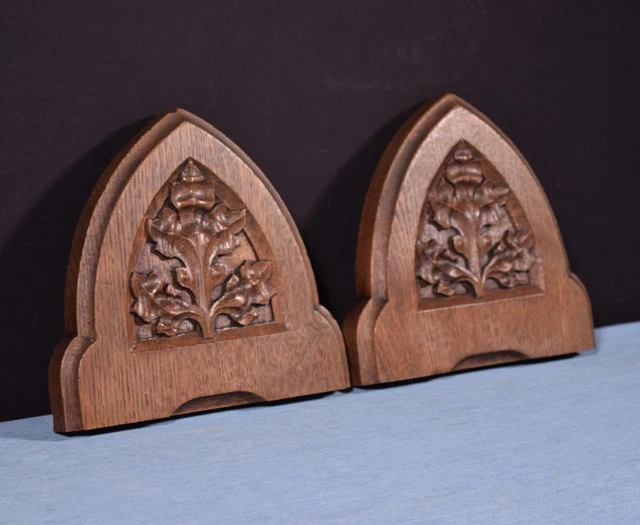 Pair of Gothic Carved Architectural Panels/Trim in Solid Oak Wood Salvage 3