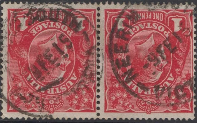 Postmark 1915 Neerim South Victoria Australia on pair 1d red KGV perf stamps