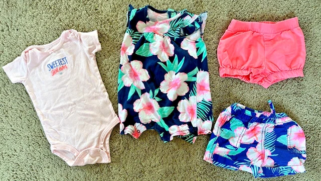 Carters Lot of 4 Baby Girl size 12 months Romper Bodysuit Shorts Good Condition