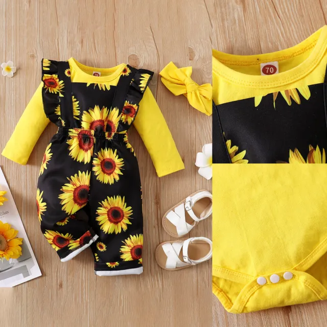 Newborn Kids Baby Girl Sunflower Romper Bodysuit Suspender Pants Outfits Clothes