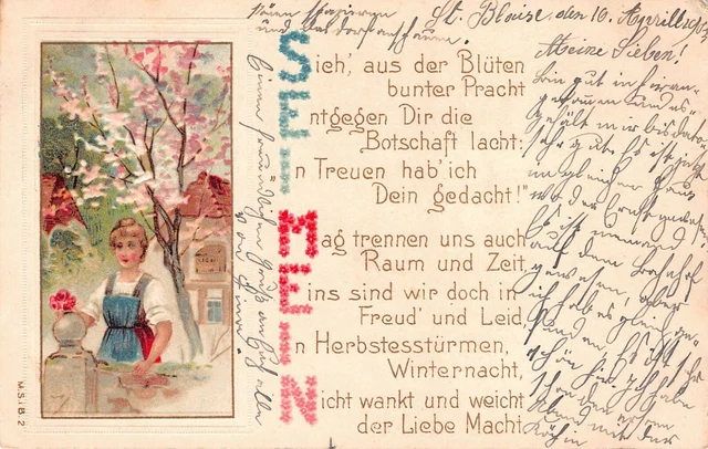 Antique Postcard Germany Early 1900's Lady in front of House -Blooming Flowers