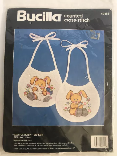 Bucilla Counted Cross Stitch Bashful Bunny Baby Bib Pair #40455 - NIP