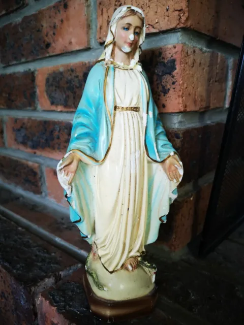 Belle Statue Religieuse La Vierge Marie Miraculeuse En Platre Emaillee 23,5 Cm